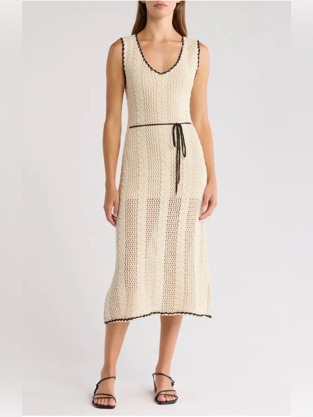 Elan Cream Crochet Midi Dress with Black Trim Tie Belt NWT Small